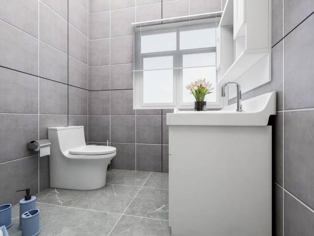 3D rendering, modern style grey toilet and bathroom design